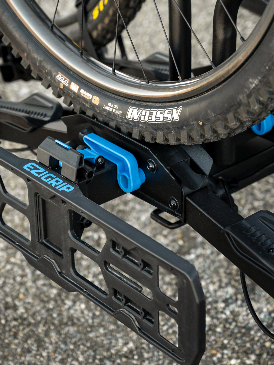 A close view of the E-Rack 2 Pro showing how the front tire of an ebike is guided into place