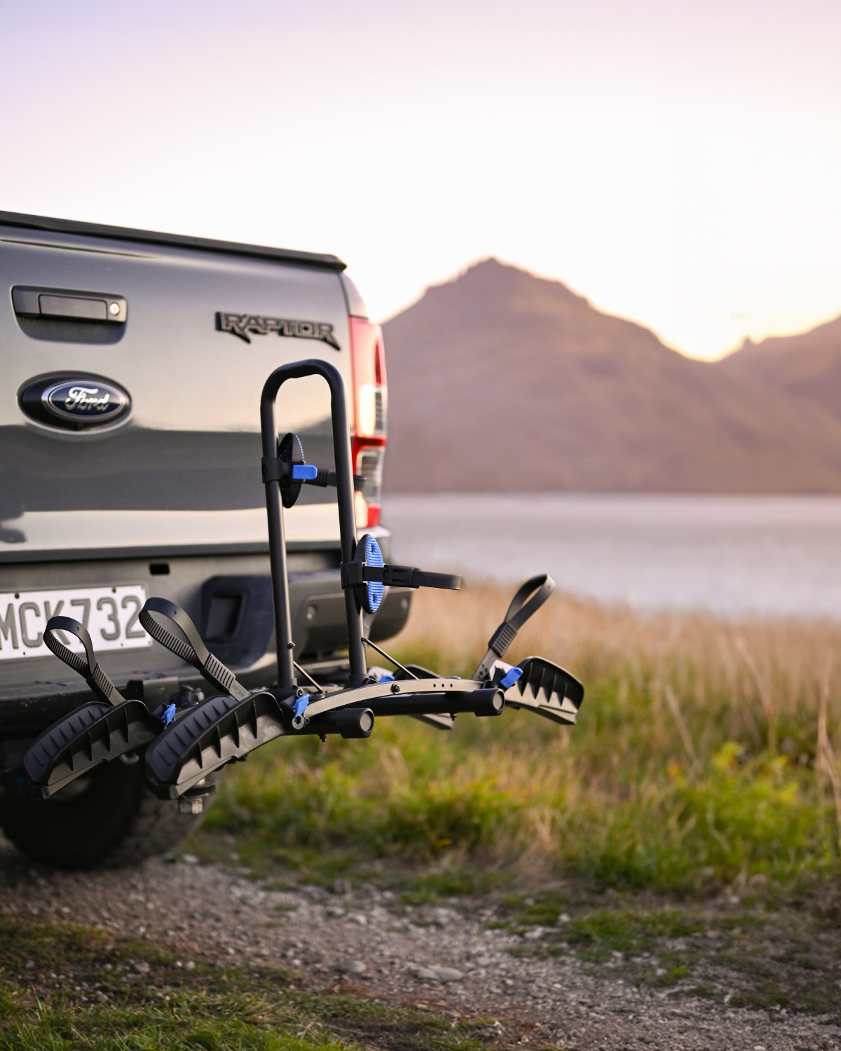 An Enduro 2 bike rack is mounted to the back of a ute with no bikes loaded so the rack is clearly visible