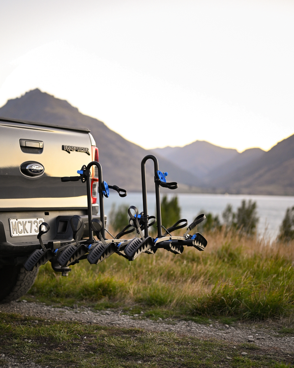 An Ezigrip Enduro 4 bike rack without lightboard is mounted to a ute with no bikes loaded showing the scale of the bike rack