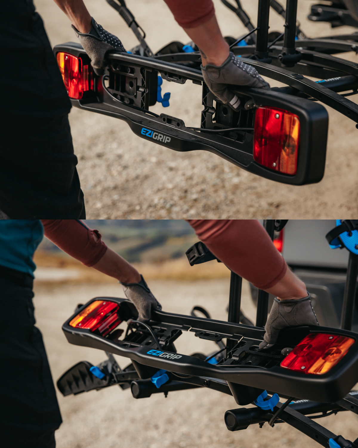 Two views of a woman installing the enduro light board onto an Enduro 4 bike rack