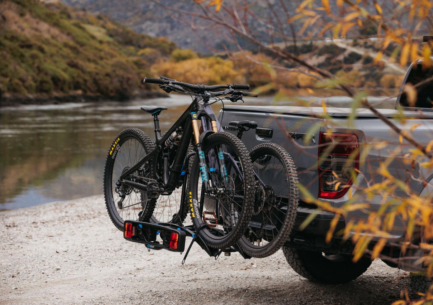 An Ezigrip Enduro 2 bike rack is mounted to a ute with two mountain bikes strapped to the bike rack