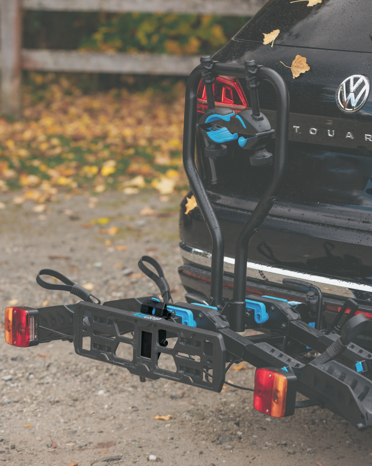 A view of a license plate bracket on the E-Rack 2 bike rack mounted to a SUV