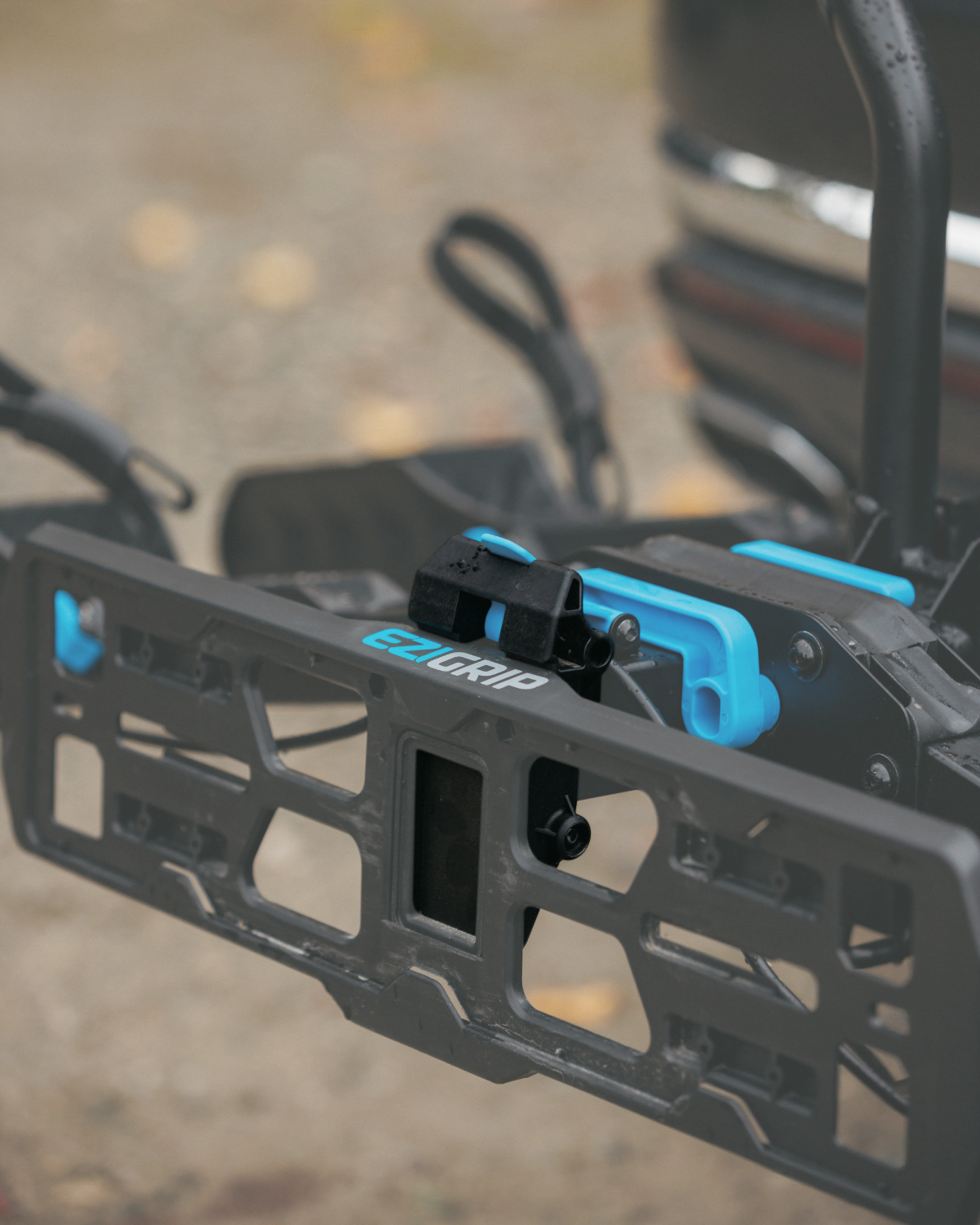 A close up view of a license plate bracket on the E-Rack 2 bike rack