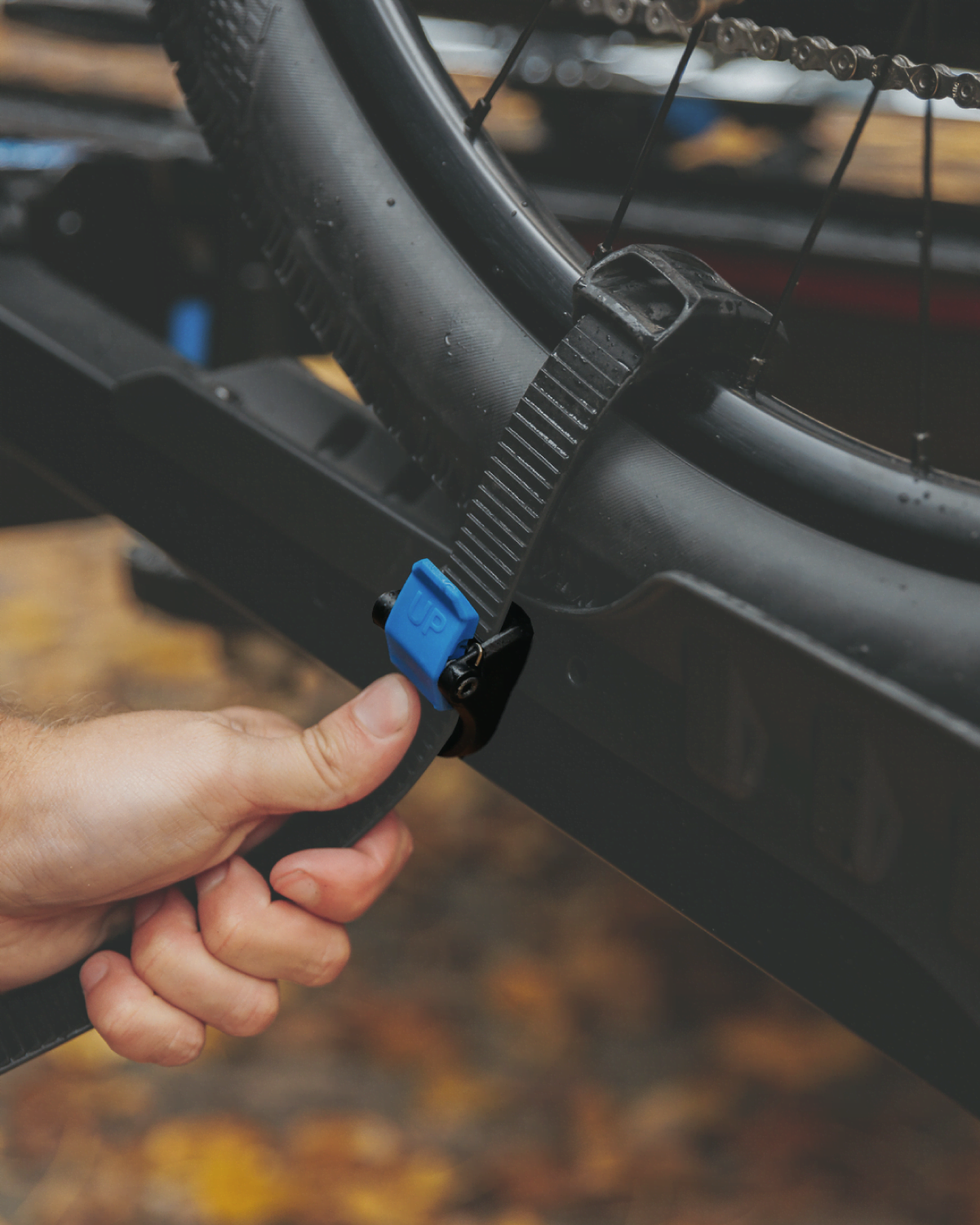 A close up of a ratchet strap clip on an E-Rack 2