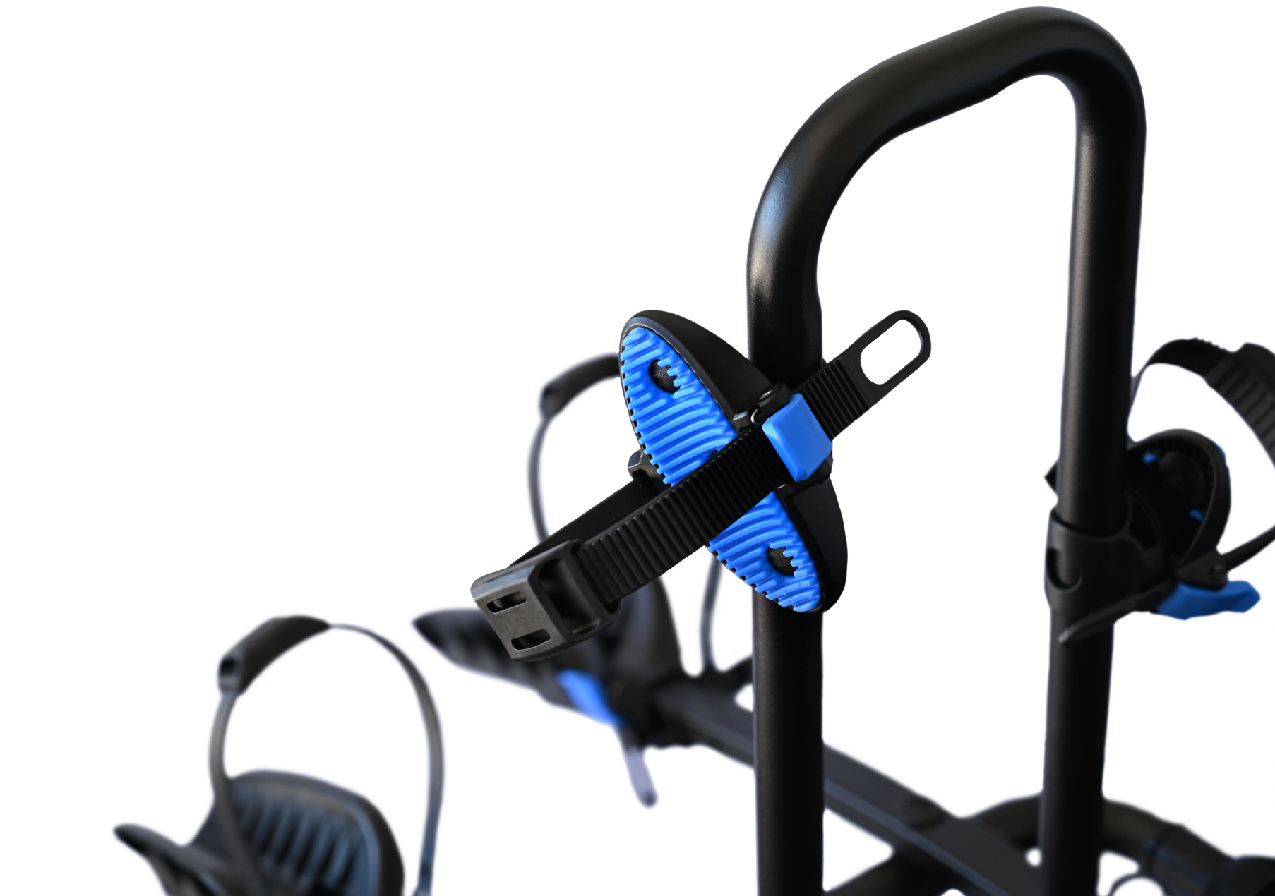 A close view of the frame clamps of an enduro 2 bike rack