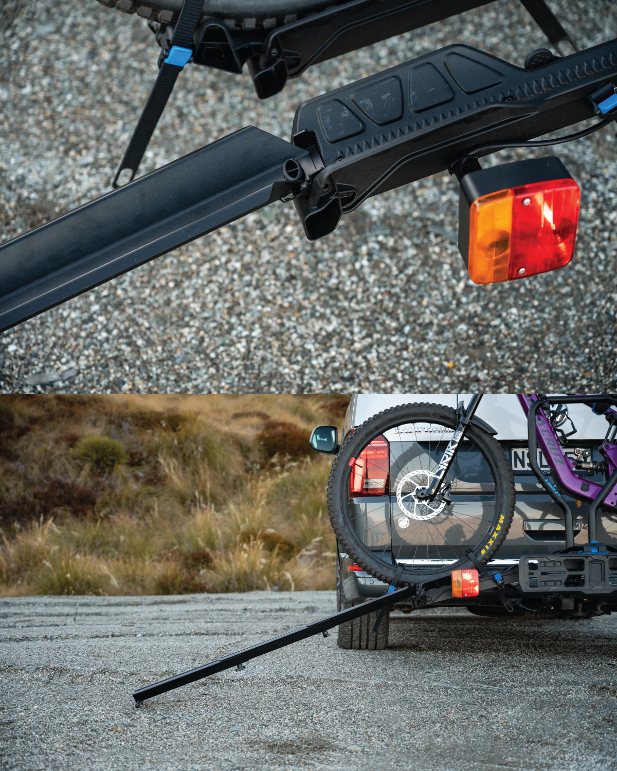 A split view with the top half of the image shoing a close up view of how the Ramp attached to the wheel tray of the E-Rack 2 Pro. The lower half of the iamge shows the ramp fully extended resting on the ground and attached to the E-Rack 2 Pro.